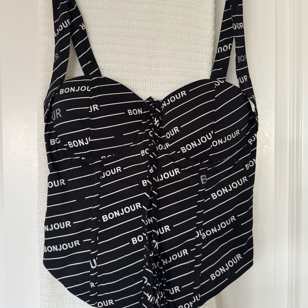 Black Bonjour Print Bustier Top